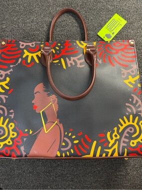 Pardon My Fro Harlem Women’s Black Artistic Print Tote Bag with Brown Handles